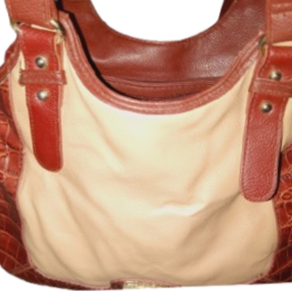 Two Tone Brown Shoulder Bag Crocodile Textured Sides Gold Toned Hardware - Picture 8 of 10